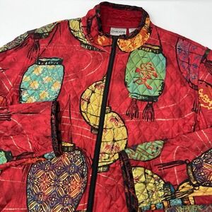 Chicos 100% Silk Quilted Jacket Sz 2 Floral Asian Oriental Lantern Full Zip